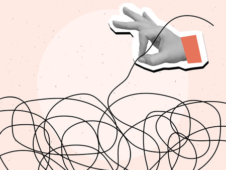 A hand pulls a thread from a tangled ball. Concept of problem solving and eliminating uncertainty. Modern photo collage style. Vector illustrationのイラスト素材