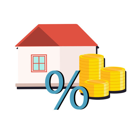 A gold coins stack near the house with a percent symbol. Vector illustration isolated on white backgroundのイラスト素材