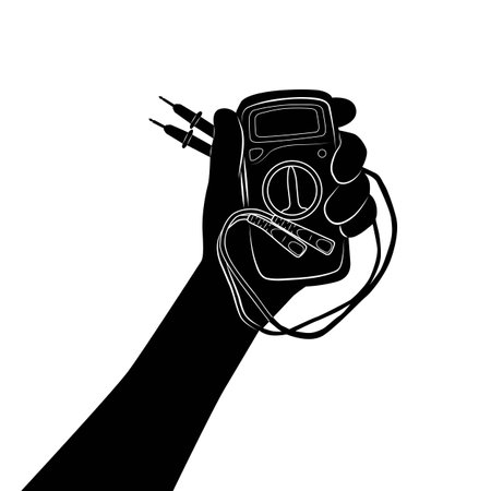 Black silhouette of hand holding a voltmeter. Vector illustration isolated on white background