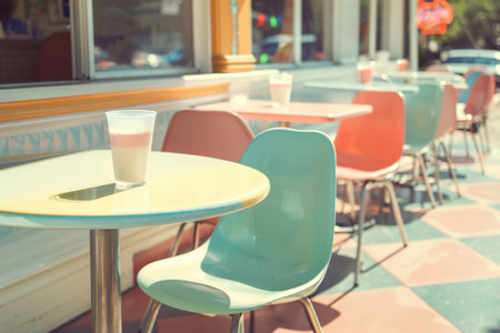 Retro cafe patio in pastel colors, abandoned milkshake glass, sunny day. AI generativeの素材