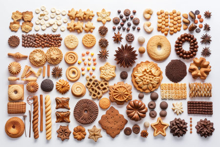 Variety of Delicious cookies on a White Background, Top View. AI generativeの素材