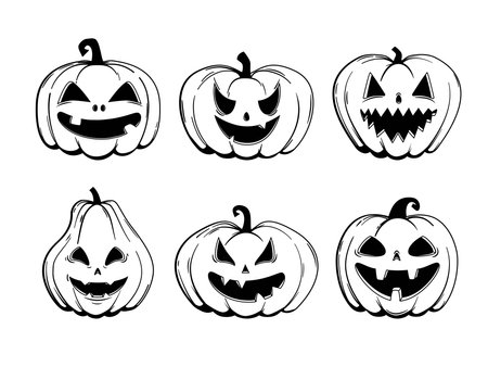 Collection of funny Halloween pumpkins - Jack o'lanterns, sketch style. Vector illustration isolated on a white backgroundのイラスト素材