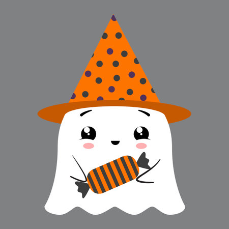 Cute flat ghost in a black party hat with a candy in his hands. Vector illustration isolated on gray backgroundのイラスト素材