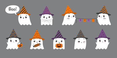 Collection of cute flat ghost in a party hats. Vector illustration isolated on gray backgroundのイラスト素材