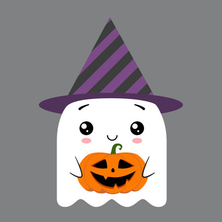 Cute flat ghost in a black party hat with a Halloween pumpkin in his hands. Vector illustration isolated on black backgroundのイラスト素材