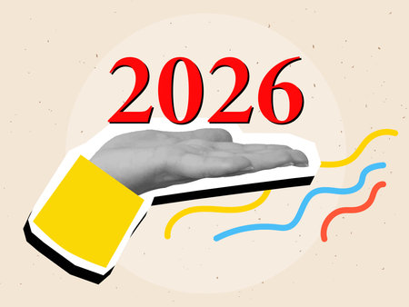 Black and white hand holding the number 2026. Modern photo collage style. Vector illustrationのイラスト素材