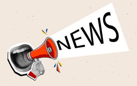 Mouth screaming News into a red megaphone.Modern collage style. Vector illustrationのイラスト素材