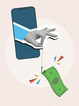 A hand stretches a green dollar bill on a fishing hook from a phone screen. Concept of scam. Modern photo collage style. Vector illustrationのイラスト素材