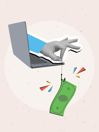 A hand stretches a green dollar bill on a fishing hook from a laptop screen. Concept of scam. Modern photo collage style. Vector illustrationのイラスト素材