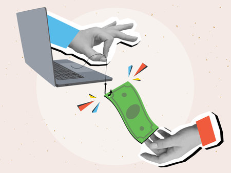 One hand stretches a green dollar bill on a fishing hook from a laptop monitor to another hand. Concept of scam. Modern photo collage style. Vector illustrationのイラスト素材