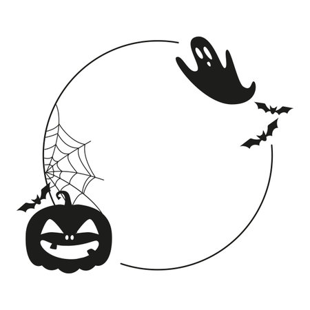 Black round for Halloween frame with Jack pumpkin, bats, spiderweb and ghost. Vector illustration isolated on white backgroundのイラスト素材