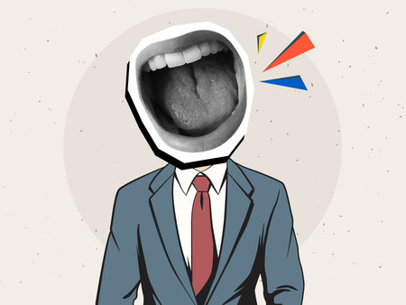 Man wearing business suit with an opened screaming mouth. Modern photo collage style. Vector illustrationのイラスト素材