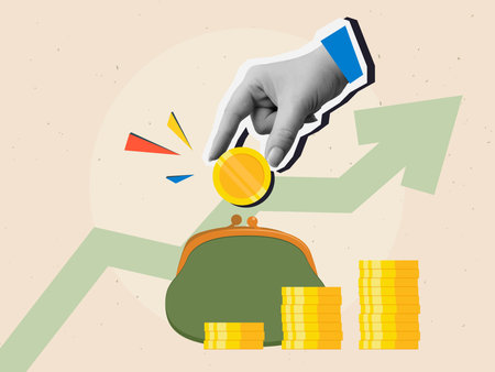 Black and white hand puts golden coin in a retro coin purse. Modern collage style. Vector illustrationのイラスト素材