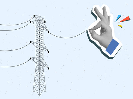 Hand holding a wire from a power line. Modern collage style. Vector illustrationのイラスト素材