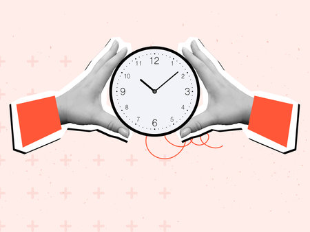 Hands holding wall round clock. Modern collage style. Vector illustrationのイラスト素材