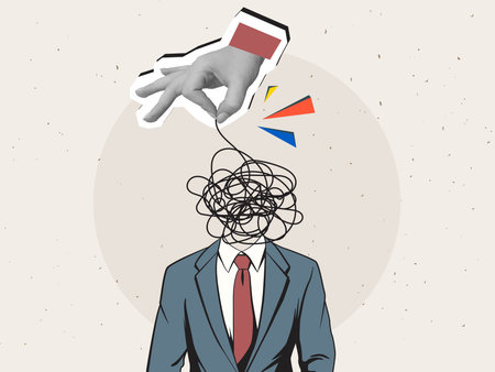 A hand pulls a thread from a tangled ball of thread where the head of a man dressed in a business suit should be. Modern photo collage style. Vector illustrationのイラスト素材