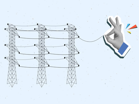 Hand holding a wire from a power line. Modern collage style. Vector illustrationのイラスト素材