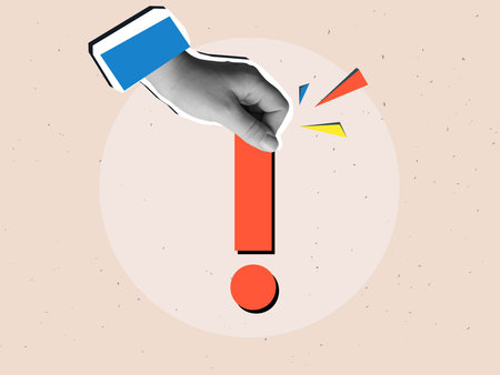 Black and white hands holding a big red exclamation mark. Modern collage style. Vector illustrationのイラスト素材