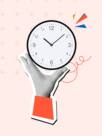 Black and white hand holding wall round clock. Modern collage style. Vector illustrationのイラスト素材