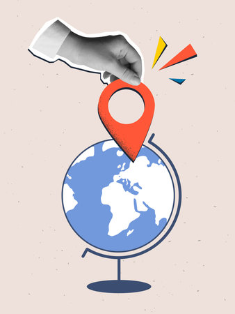 Hand puts a red pin location marker an Earth globe. Modern collage style. Vector illustrationのイラスト素材