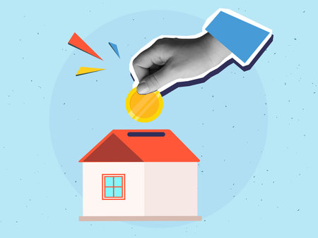 A hand puts golden coin in piggy bank in the form of a house. The concept of saving for the purchase of real estate. Modern photo collage. Vector illustrationのイラスト素材