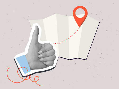 Hand showing thumbs up gesture beside a map with a way and a red pin mark. Target or destination concept. Modern collage vector illustrationのイラスト素材