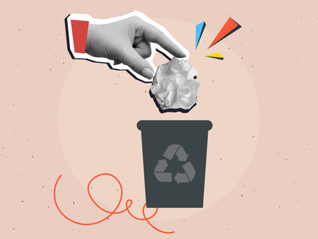 Black and white hand puts crumpled paper into trash can. Modern collage style. Vector illustrationのイラスト素材