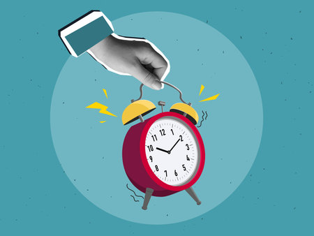 A hand holds ringing red alarm clock. Modern collage style. Vector illustrationのイラスト素材