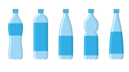 Collection of flat plastic water bottles of various shapes. Vector illustration isolated on white backgroundのイラスト素材