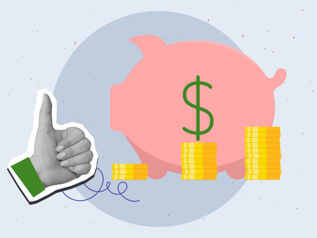 Black and white hand with a thumbs up gesture near a piggy bank and growing row of gold coins. Modern photo collage style. Vector illustrationのイラスト素材