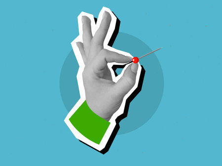 Black and white hand holding a red pin. Modern collage style. Vector illustrationのイラスト素材