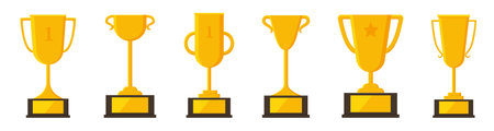 Collection of yellow winner cups. Vector illustration isolated on white backgroundのイラスト素材