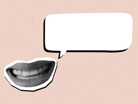 Black and white smiling mouth with an empty speech bubble with place for text. Modern photo collage style. Vector illustrationのイラスト素材
