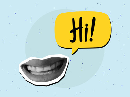 Black and white smiling mouth with a speech bubble with text Hi! Modern photo collage style. Vector illustrationのイラスト素材