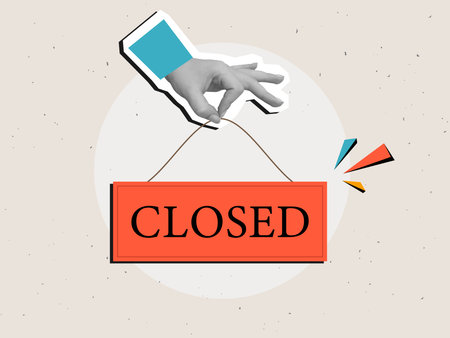 Black and white hand holding Closed sign. Modern collage style. Vector illustrationのイラスト素材