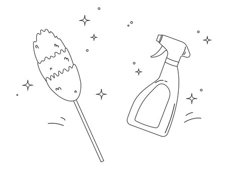 Cleaning tools - pipidastr and spray bottle. Doodle vector illustration isolated on white backgroundのイラスト素材
