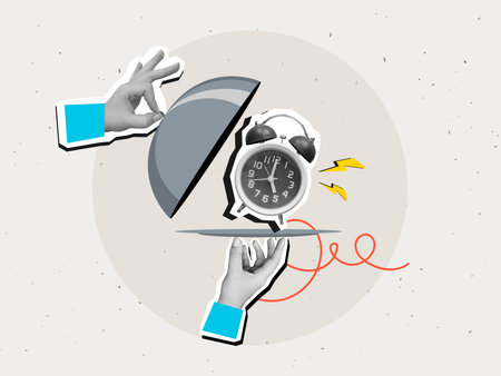 Black and white hands remove the lid from a plate with a ringing alarm clock. Modern collage style. Vector illustrationのイラスト素材