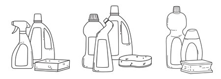 Collection of cleaning tools - bottles with household chemicals and sponges. Doodle vector illustration isolated on white backgroundのイラスト素材