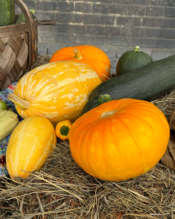 Autumn harvest - pumpkin and squash lying on straw