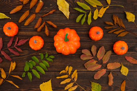 Horizontal autumn pattern with pumpkins and fallen colorful leaves on white wooden background