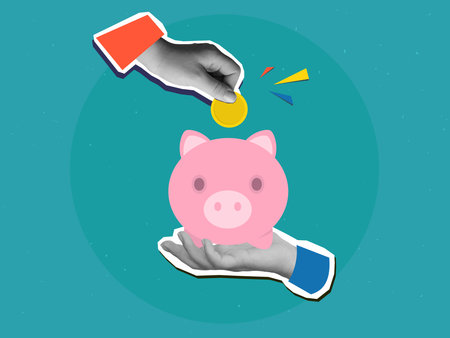 One hand puts golden coin in a piggy bank in other hand. Modern photo collage style. Vector illustrationのイラスト素材