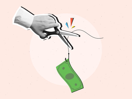 A hand with scissors cuts a fishing line with a dollar bill hanging from a fishing hook - an anti-fraud concept. Modern collage style. Vector illustrationのイラスト素材
