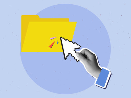 Black and white hand clicks a pixel cursor on a yellow folder. Modern collage style. Vector illustrationのイラスト素材
