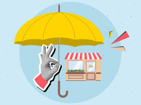 Black and white hand holding an umbrella above a small shop or cafe building. Modern collage style. Vector illustrationのイラスト素材
