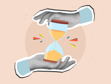 Black and white hands holding a sandglass with sand. Modern collage style. Vector illustration