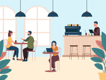 A modern cozy cafe with people and counter. Flat vector illustration isolated on white backgroundのイラスト素材