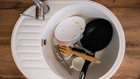 A pile of dirty dishes in the kitchen sink, top viewの写真素材