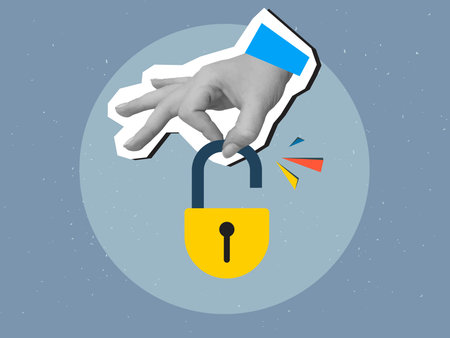 Black and white hand holding an opened padlock. Modern photo collage style. Vector illustrationのイラスト素材