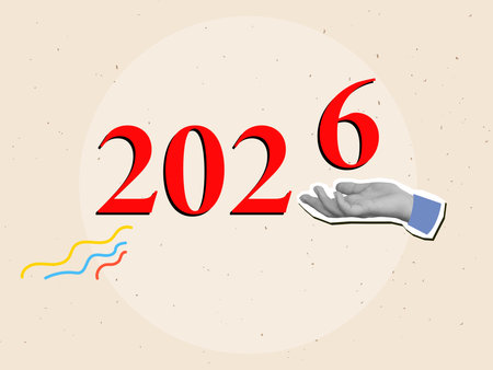 Black and white hand adds the number six to the number 2026. Modern photo collage style. Vector...