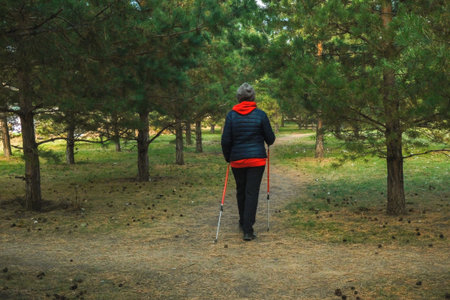 A full-length portrait of a Caucasian woman wearing a jacket and hat with Nordic walking poles walks through a pine forest in a city park, back viewの写真素材
